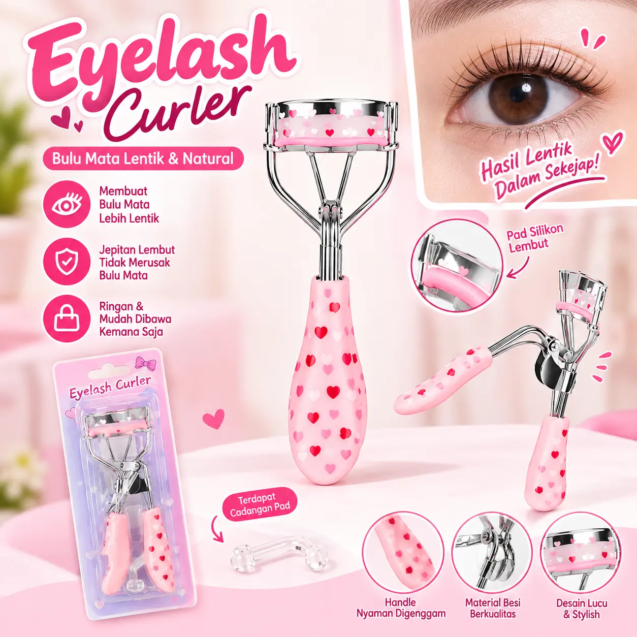Penjepit Bulu Mata Eyelash Curler Pink Motif Cute – Lentik Natural, Mudah Digunakan + Box