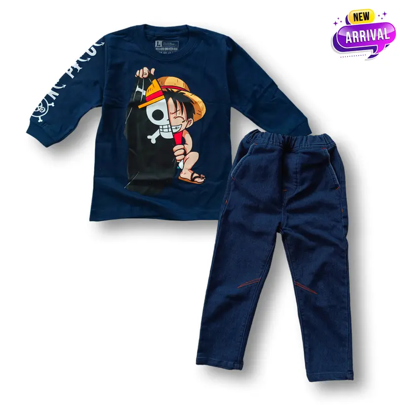 Setelan Kaos Anak Laki Laki Lengan Panjang Celana Jeans Panjang Terbaru Usia 3-12 Tahun 2