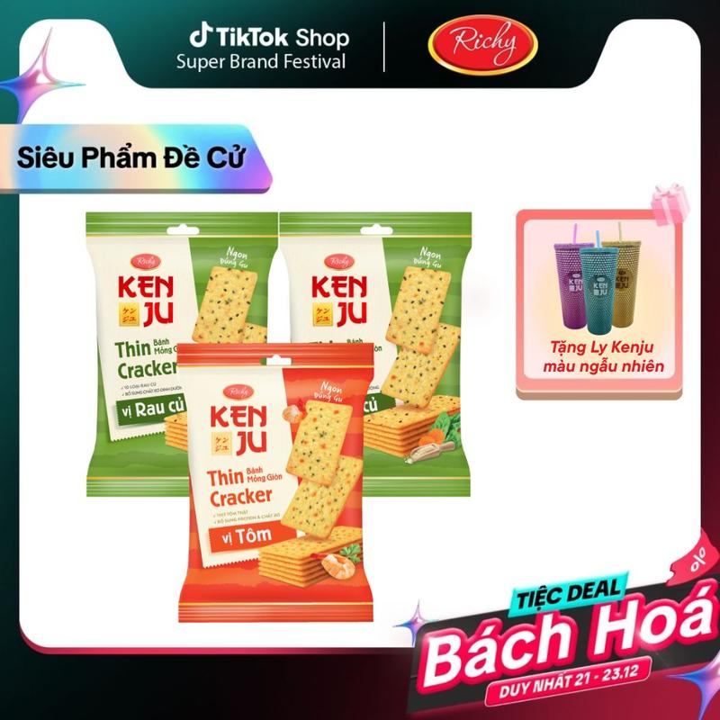 ƯU ĐÃI THÁNG 12 TẶNG 1 LY KENJU NGẪU NHIÊN Combo 3 gói bánh Kenju vị rau củ và vị tôm túi 192g sncak ăn vặt healthy