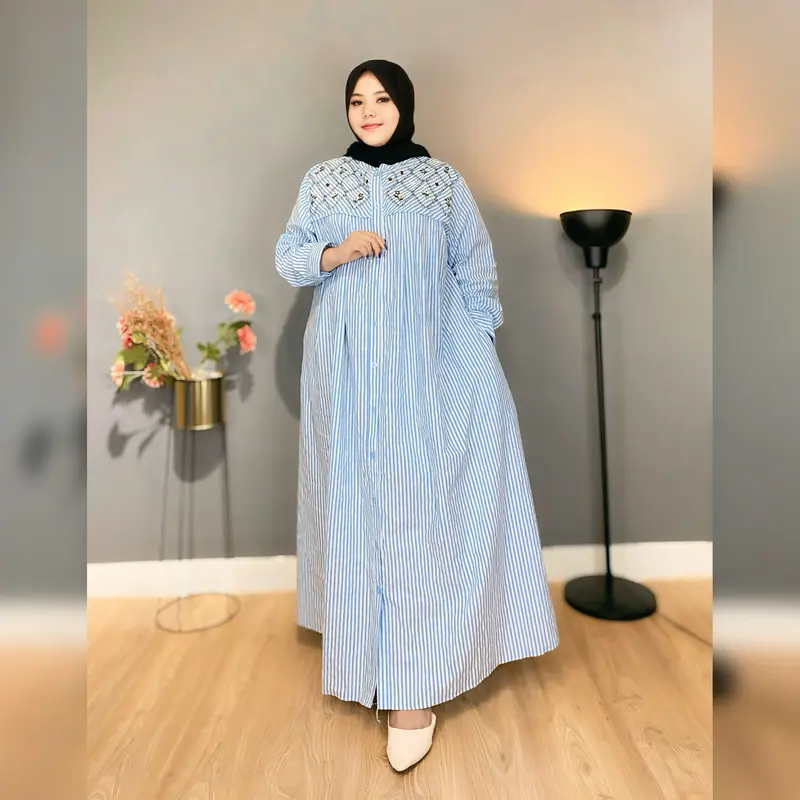 BP KIRANA Gamis Salur Bordir Fashion Wanita BB 70-120kg LD 120-130-140 Keti 60-62-64 Wanita Kekinian Terbaru Nyaman Dewasa Bahan Katun Yarndyed Oversize Mewah Dress Lebaran 2
