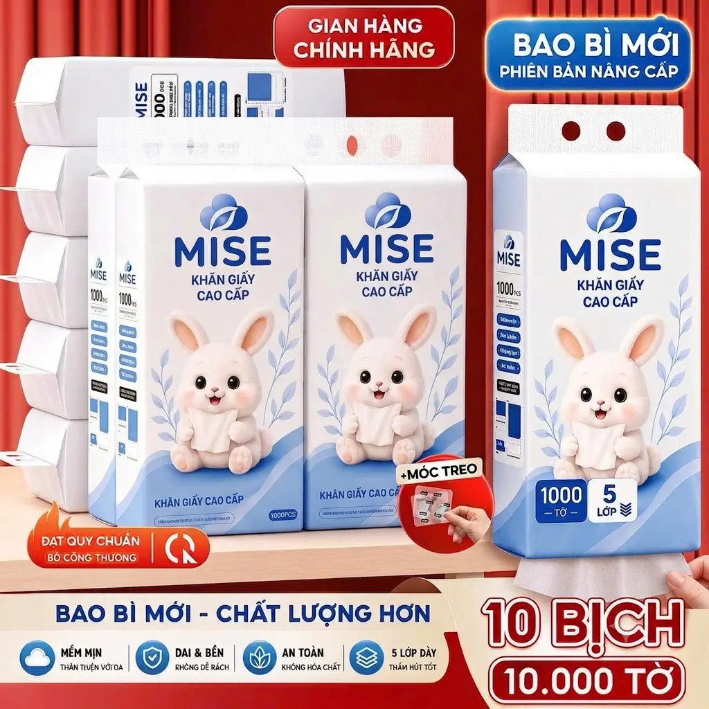 [XẢ KHO - 10 BỊCH 1 VẠN TỜ] 10.000 TỜ Thùng 10 Bịch Giấy Rút Đáy MISE 5 lớp mềm mịn, 200 lần rút, làm từ bột gỗ tự nhiên an toàn, ĐẠT QUY CHUẨN BỘ CÔNG THƯƠNG, tặng kèm 3 móc treo tiện lợi (vtg68) #topgia