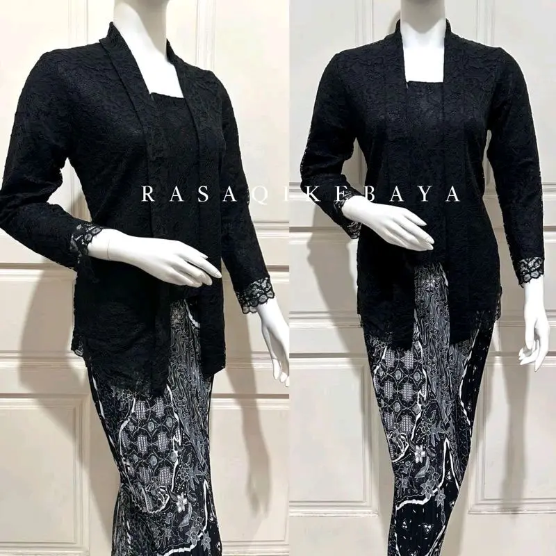Set Kebaya Kutubaru Brokat/Kutubaru Floy Kartini Panjang Dress Wanita Baju Kondangan Remaja - Dewasa, Pesta, Setelan, Atasan, Katun Tunik Wisuda Hitam Bawahan Semi Silk 5