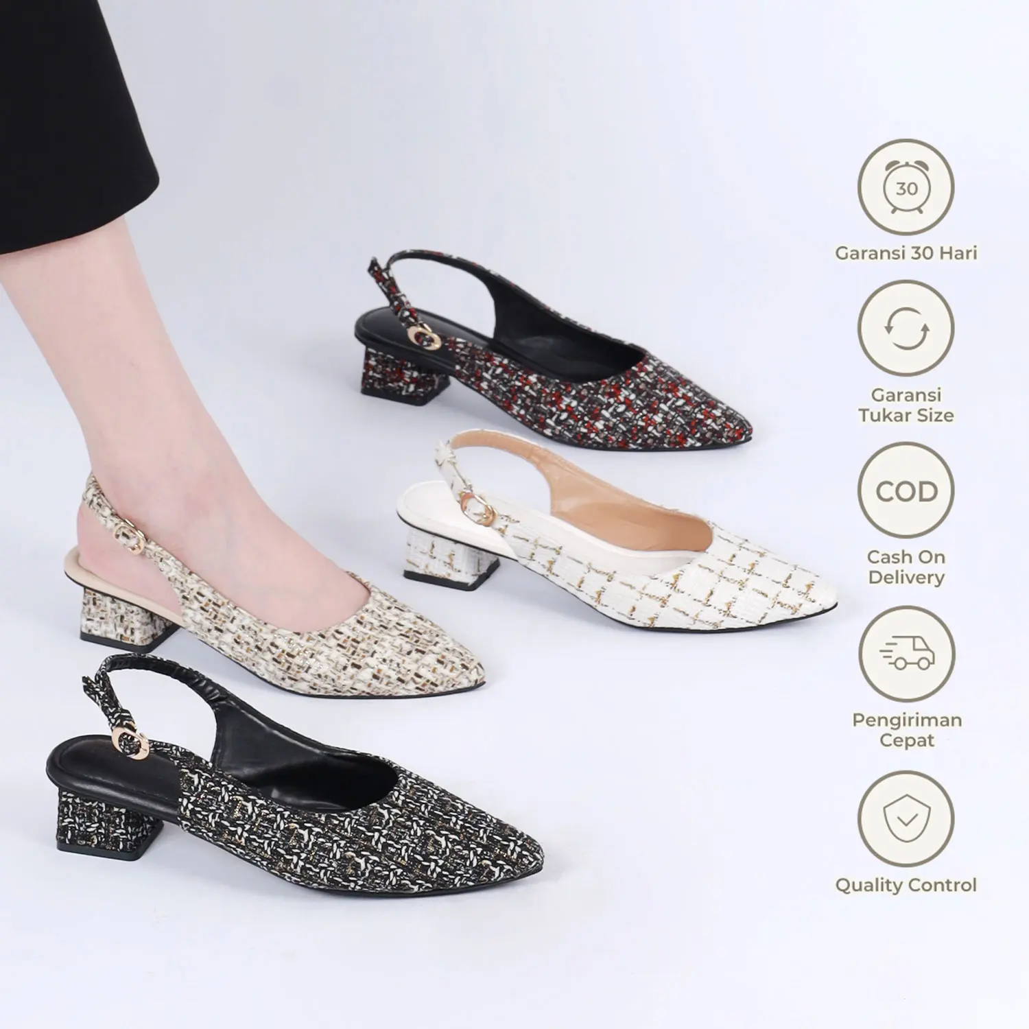 WINOD Given Heels Wanita Hak 3cm Model Tweed Pantofel Slingback Daily