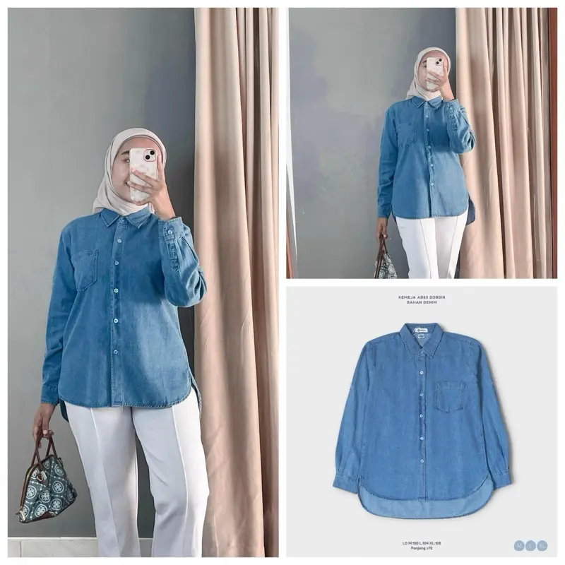 Anyostore AB28 Atasan Kemeja Jeans Wanita Bahan Denim