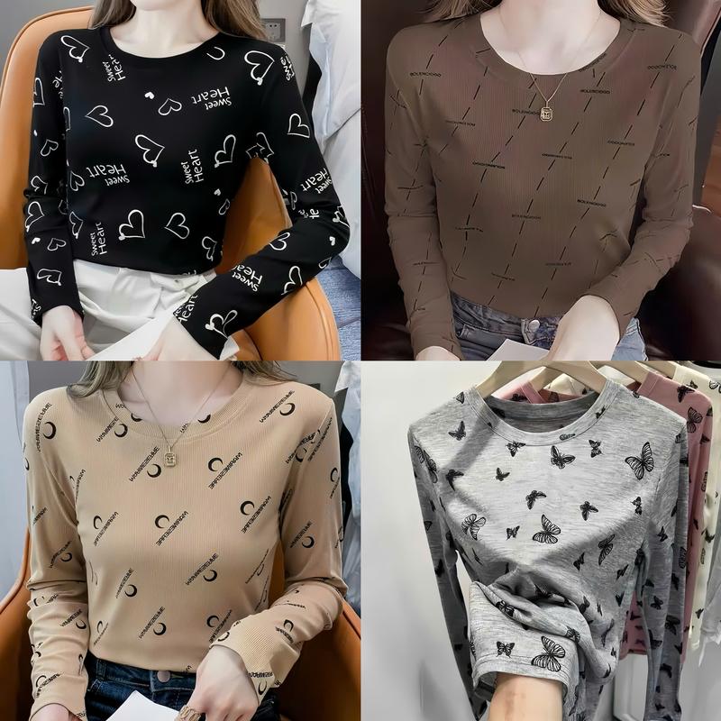 COMBO 2-3-4 Áo Thun Giữ Nhiệt Nữ Dài Tay Thu Đông In Họa Tiết Cổ Tròn Chất Thun Tăm Co Giãn Mặc Ấm Áp Phong Cách Hàn Quốc Women Top