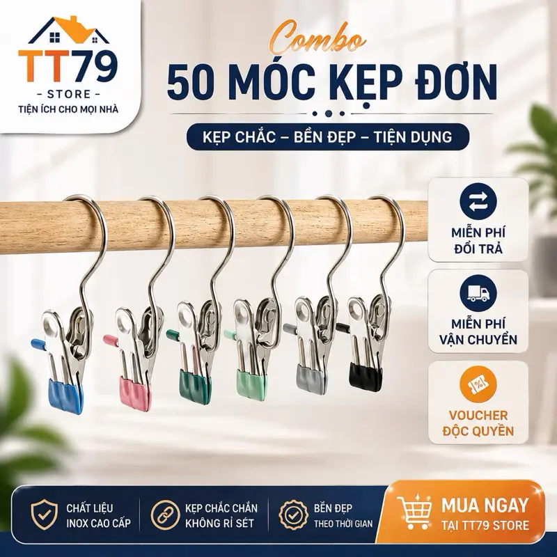 Combo 50 Móc kẹp đơn treo quần áo, mũ, tất, móc treo quần áo nhỏ gọn tiện lợi bằng Inox bọc nhựa