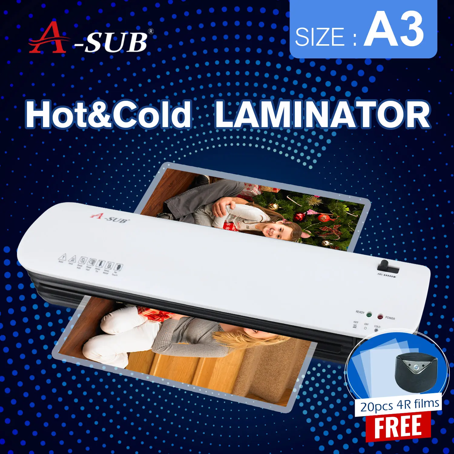 A-SUB Laminator A3/A4 Hot&Cold Laminating Machine Home/Office use (Free 20pcs 4R Laminating Film)