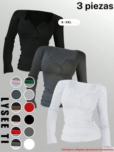 Conjunto de 3 piezas para otoño e invierno de mujer, moda casual deportiva con varios botones, cuello redondo, color sólido, top de manga larga, conjunto mixto de tres piezas