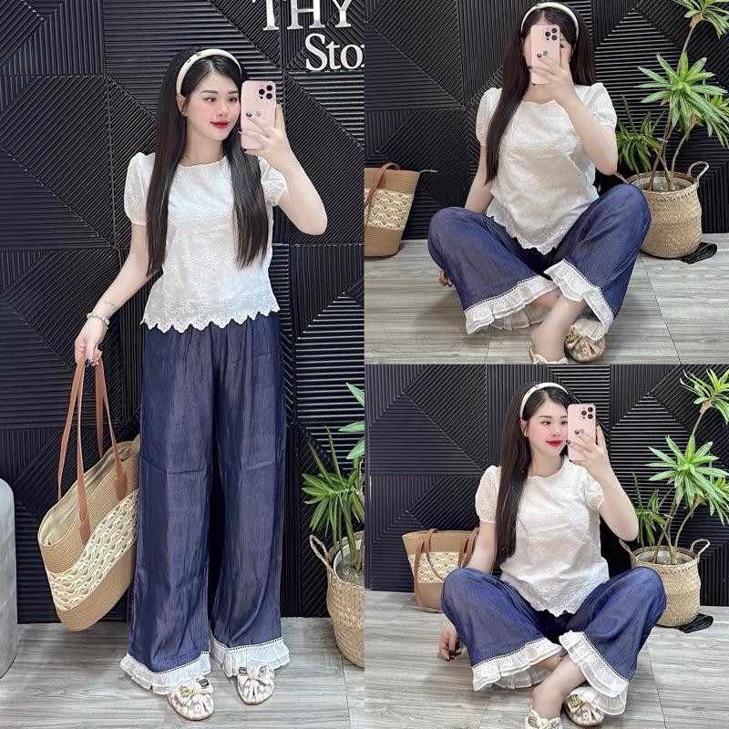 Freesizen46-58kg- SET Áo XÔ THÊU HOA MÀU TRẮNG tay ngắn . Quần JEAN LỤA dáng suông dài 95cm