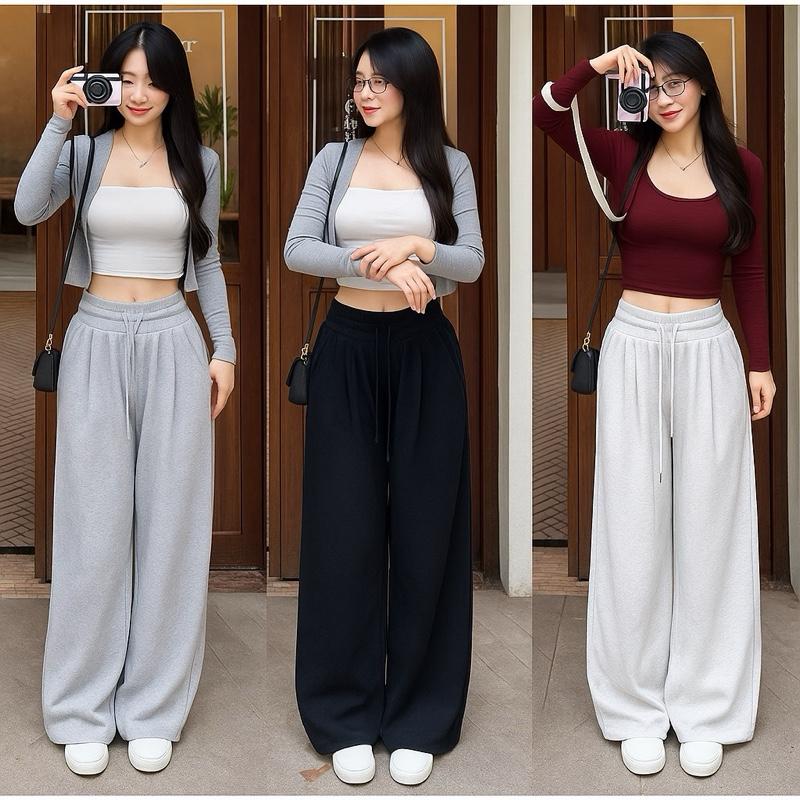   Có Phiên Bản Cho Nấm Lùn  Quần Nữ Cạp Cao Dáng Suông Chất Nỉ 2 Da Tôn dáng 