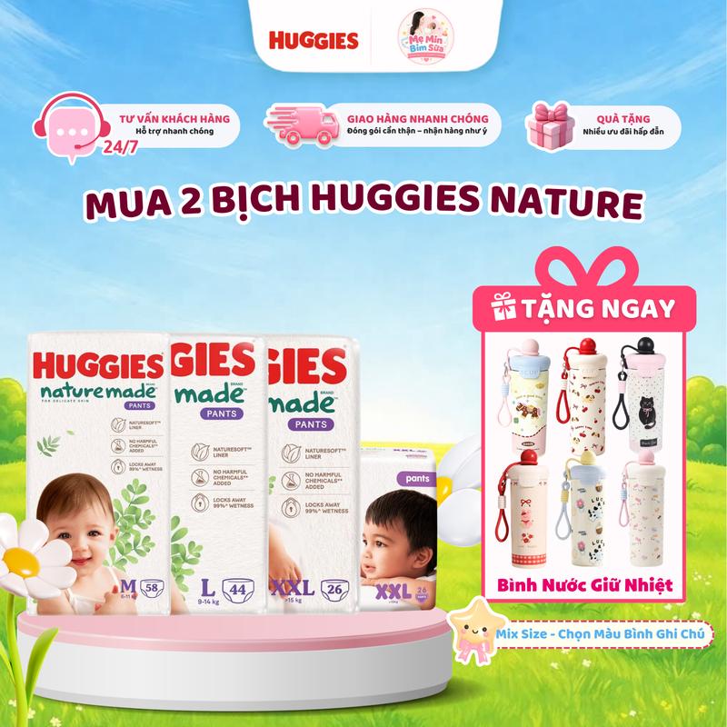 Combo 2 Tã Quần Huggies Nature Size Dán S82 / M64 Quần M58/L44/XL38/2XL26