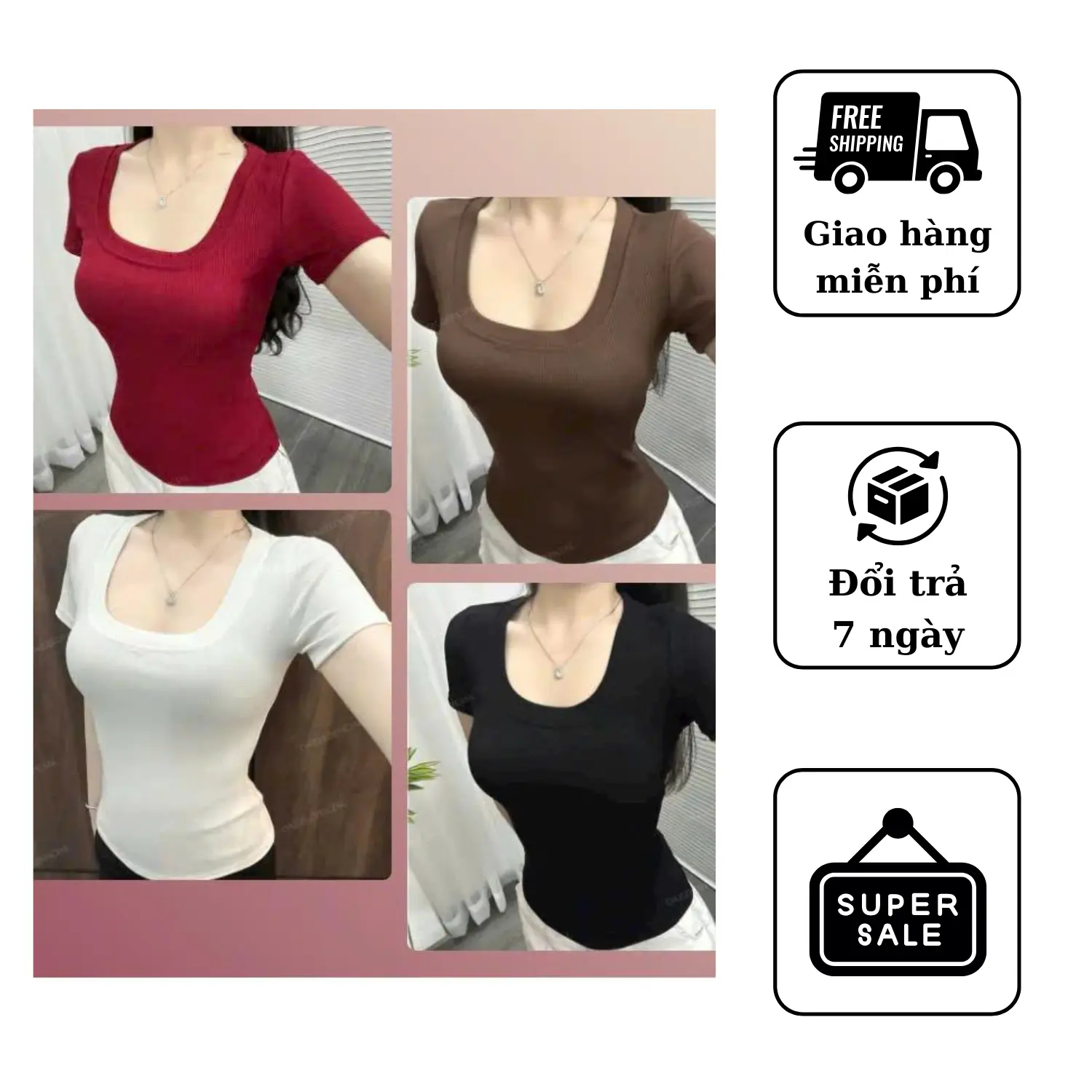 COMBO 2-3-4 Áo Thun Nữ Gân Tăm, Cổ Vuông, Tôn Dáng, Tôn Da, Co Giãn, Thoáng Mát