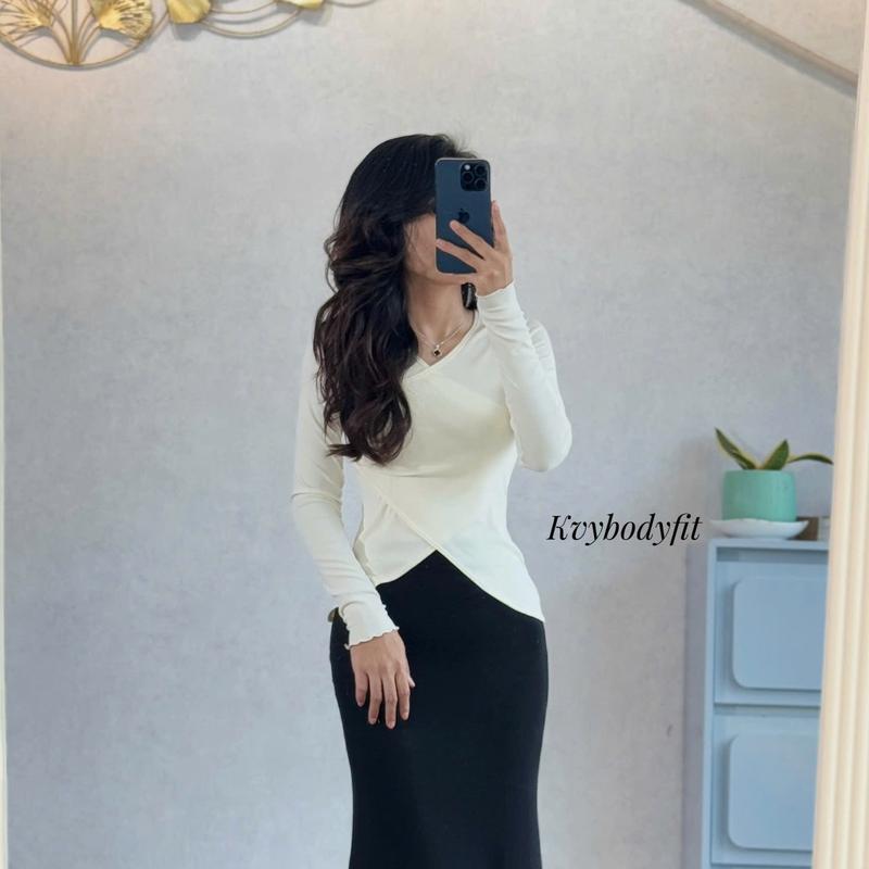 Áo thun tay dài chéo cổ Kvy A1 chất thun cotton nhập mịn dày dặn co giãn tốt 8