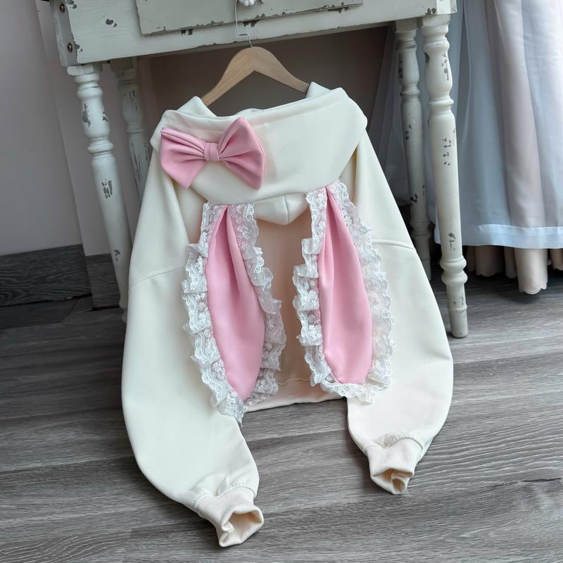 Áo khoác nỉ hoodie form boxy tai thỏ dài phối ren chất nỉ ép hàn l1 cản nắng mặc mùa hè thu đông đều được