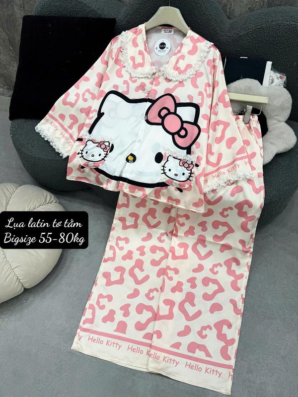 Size 60-75kg -Bigsize Bộ Ngủ Lụa Latin Tơ Tằm Cao Cấp Tay Lỡ Rộng Ren In Full Họa Tiết 5D Queen TNQD Mềm Mát Mặc Nhà Cao Cấp Women Nữ Quần Ngủ Áo Voi Sen Cạp Cao Voan