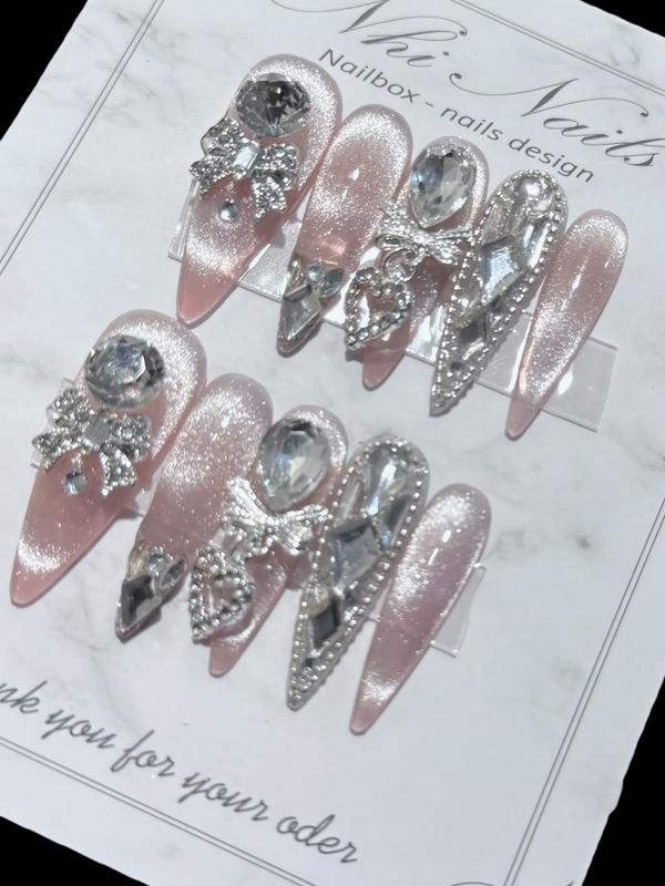 N161 bộ 10 chiếc nails box thủ công mắt mèo thạch hồng phối chamr đính đá lấp lánh sang trọng làm nails nữ phù hợp sử dụng đi tiệc , đi du lịch , tiệc cưới , sinh nhật , kỉ yếu .