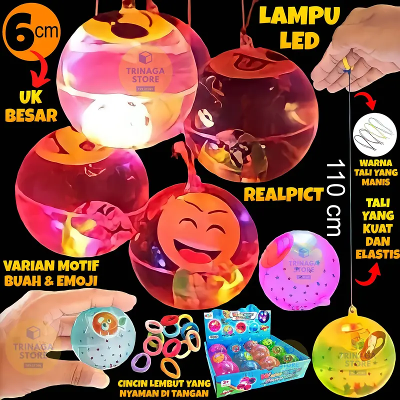 ( BISA COD ) PROMO UKURAN BESAR Mainan Anak Bola Bekel Beklen Glitter Ball Water LED + Cincin Dan Tali Motif Buah & Emoji / Mainan Jadul Bola Karet Bounce Ball / Mainan Anak Laki Laki / Mainan Anak Perempuan SNI Murah 0