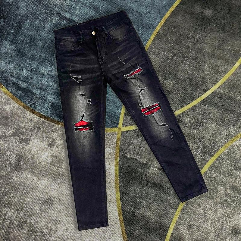  Quần jean nam rách vá nót vải đỏ form skinny QJN62 Menswear Pants 