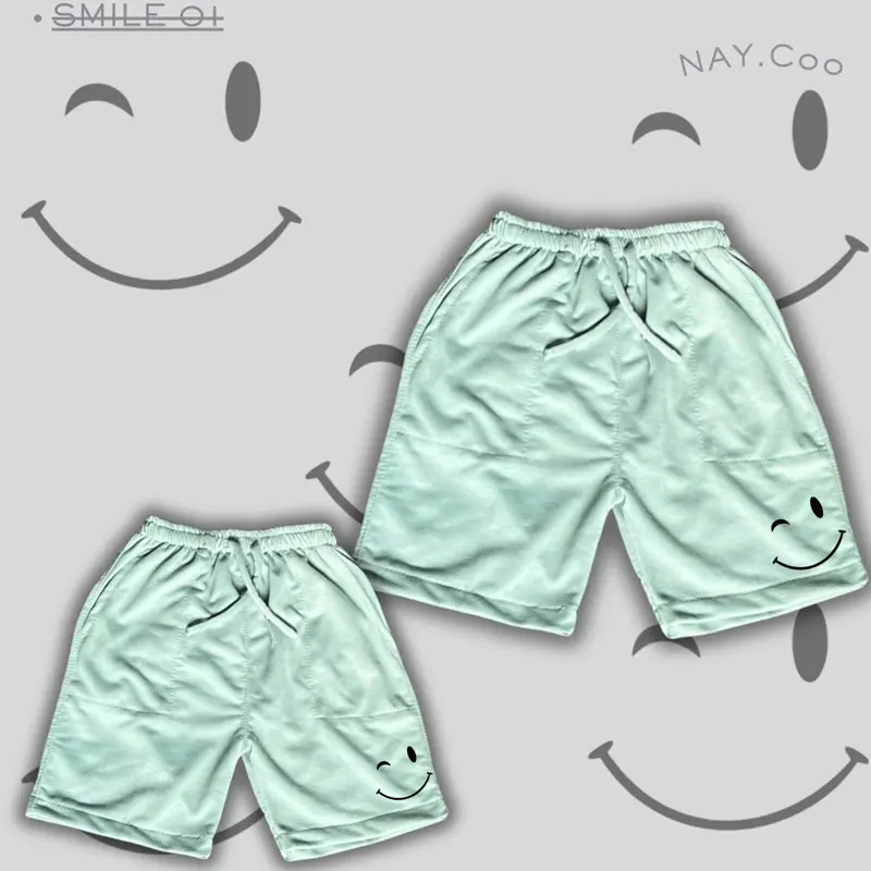 NAY.Co - Celana Pendek Anak Unisex BabyTerry Premium Laki-Laki Perempuan Usia 2-13 Tahun Fashion Cargo Kids Orange dengan Tali Hiasan Karet Elastis dan Desain Smiley Sport Smile 1 5