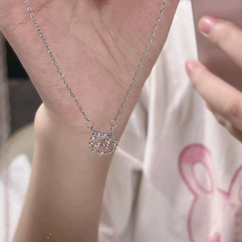 S925 Kalung Kucing KT  Merah Muda Hellokitty Rantai  Zircon  - Kalung Busur  Zircon HK - Kalung  Hellokitty 0