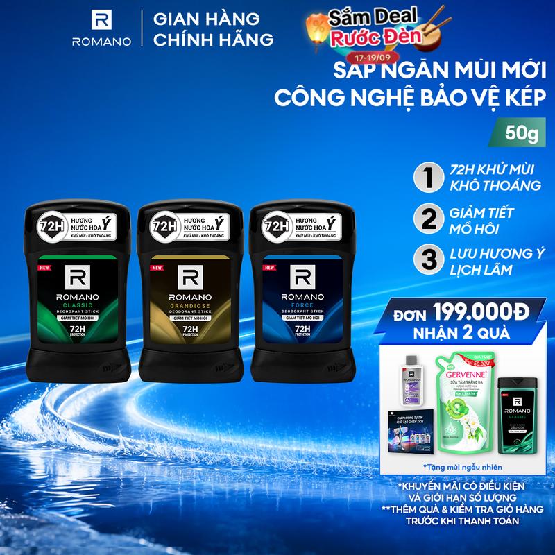 Sáp Khử Mùi Nam Hương Nước Hoa Lưu Hương 72h Romano 50g 3 Mùi Hương Classic/…