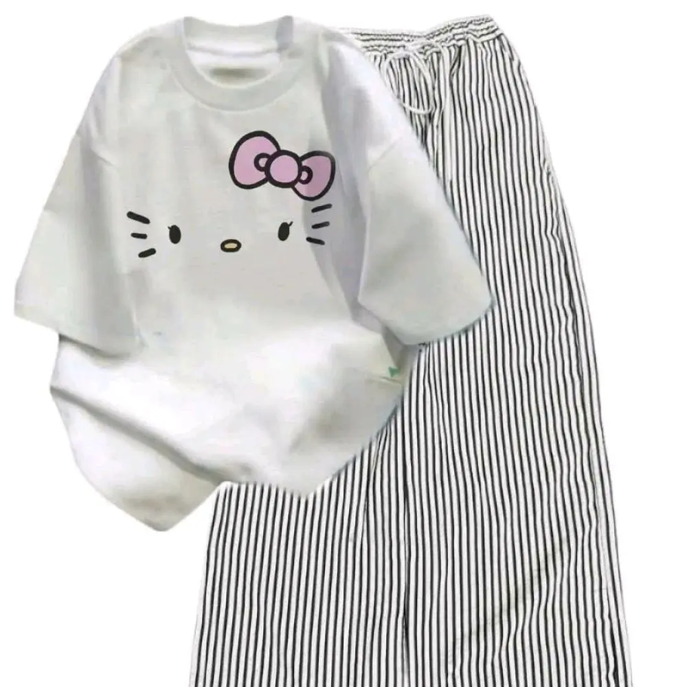 Set Bộ Quần Ống Suông Vải Đũi Xốp Sét Mix Áo Phông Form Rộng Unisex - Hình Mèo từ chất liệu cotton và da cá siêu đẹp