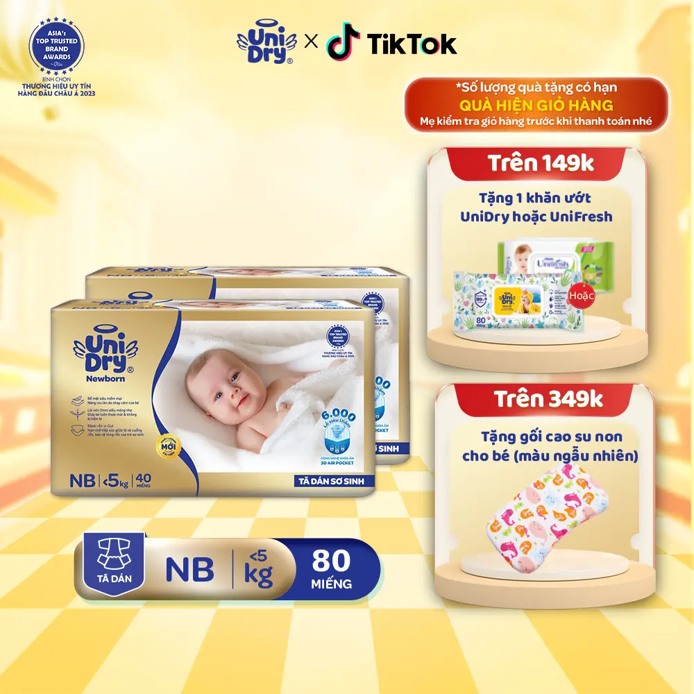 Combo 2 tã dán sơ sinh UniDry Supreme siêu mỏng chỉ 2mm - NB40 Cho Bé