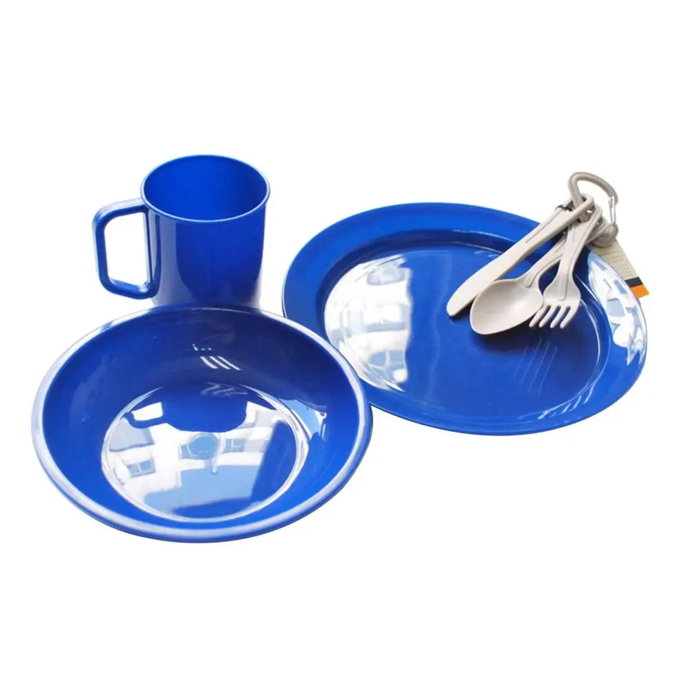 6x Outdoor Camping Tableware Set with Mesh Carry Bag Plate Dish Bowl Cup 1-Person Reusable Cooking Supplies Fork Spoon for Picnic