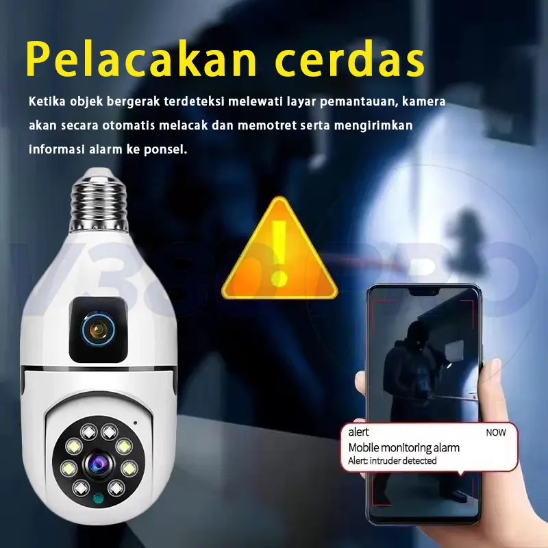 V380 Pro Kamera CCTV Bohlam Lensa Ganda Jarak Jauh 1080P WiFi Wireless CCTV Camera Night Vision PTZ 2