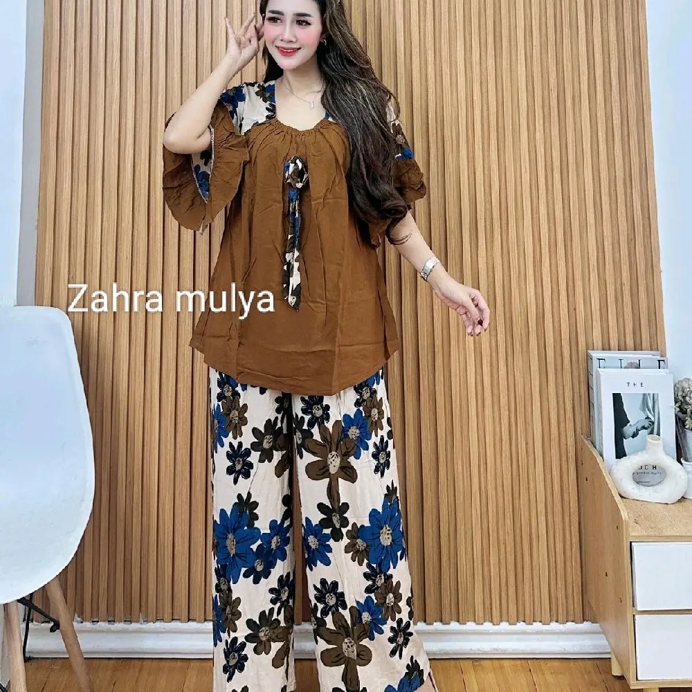 setelan rayon kekinian 2025 one set bunga setelan Zahra Celana Nyaman Panjang Santai Baju Wanita Motif Pendek