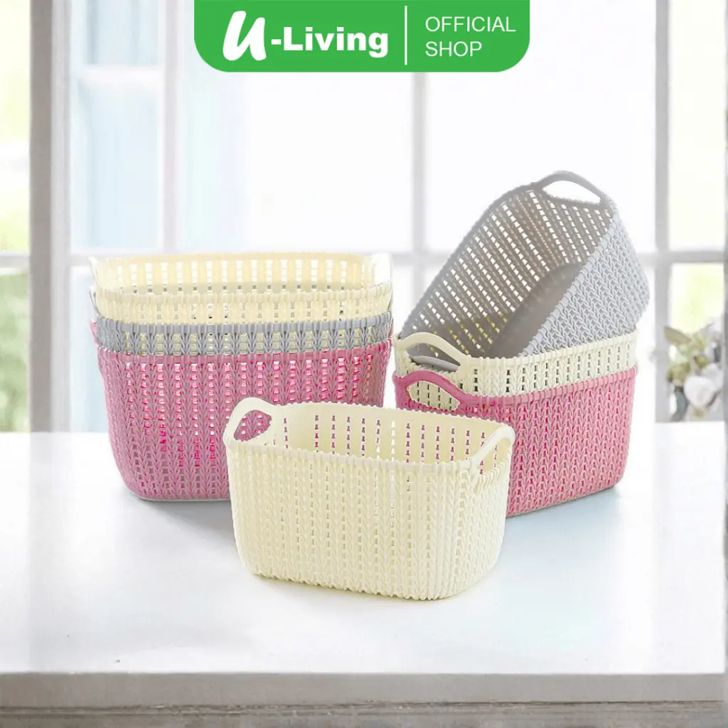 U-Living Keranjang Plastik Motif Rotan Aesthetic Storage Basket Kotak Penyimpanan Kamar Mandi Mainan Makanan Dengan Handle STO053