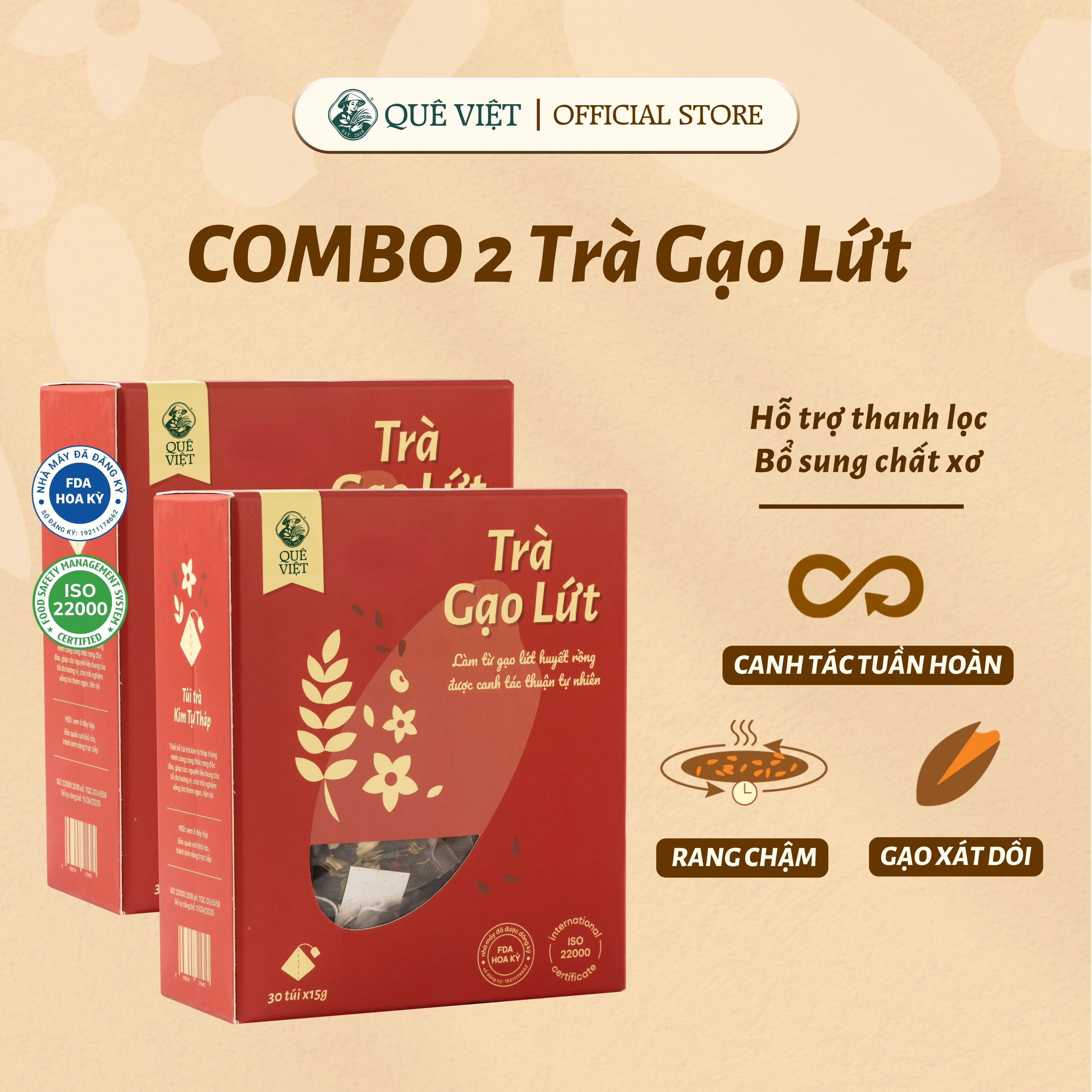 Combo 2 hộp Trà gạo lứt Quê Việt 150g, 450g - Thanh lọc gan, giải độc cơ thể, nguyên liệu tự nhiên an toàn