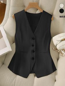 Blazer tipo chaleco de mujer con botones al frente y cuello en V, chaleco sin mangas casual para primavera y otoño, ropa de damas para uso diario, estético