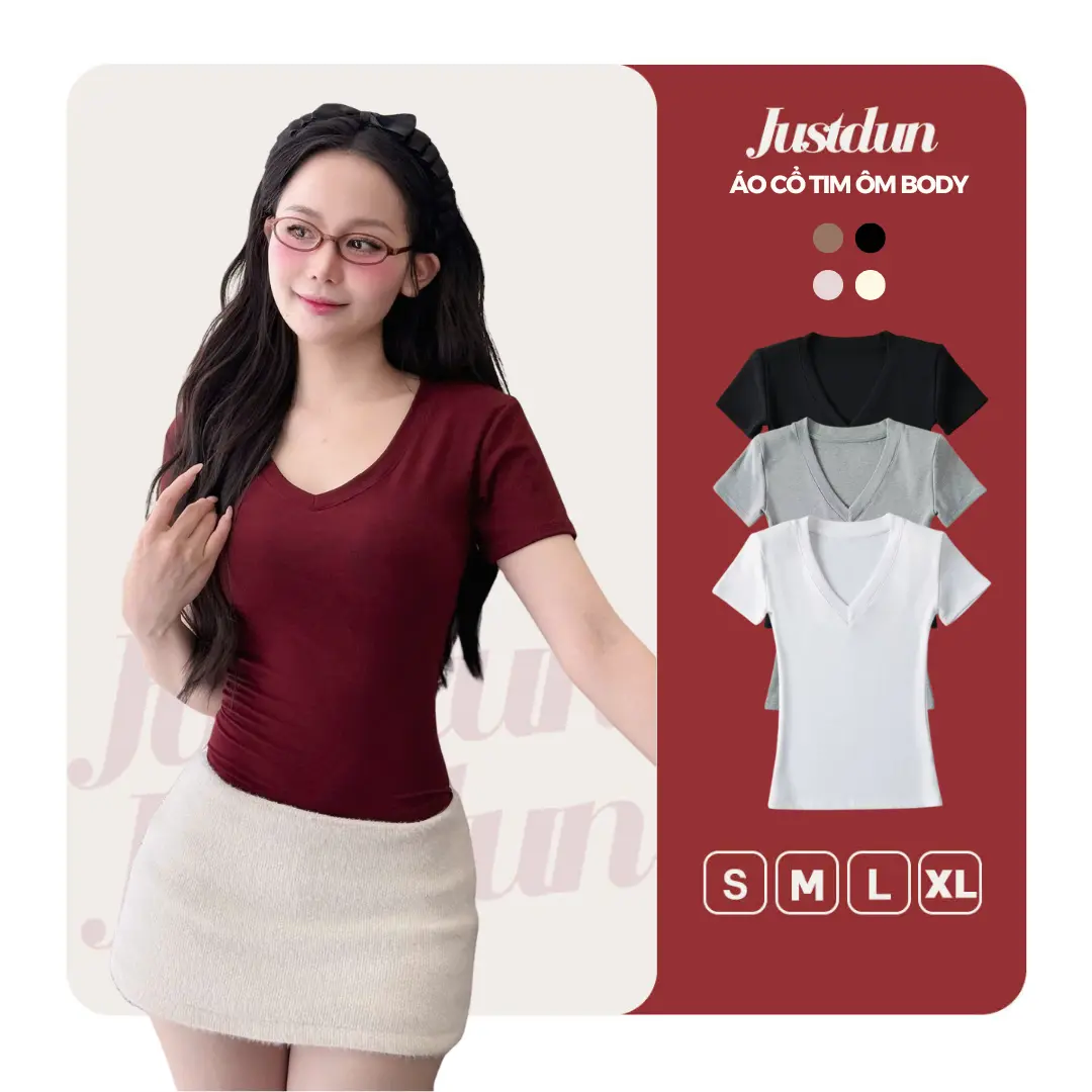 Áo Thun Nữ Basic Cổ Tim Trơn JUSTDUN A2 – Chất Cotton Lông Mịn Cao Cấp, Co Giãn 4 Chiều