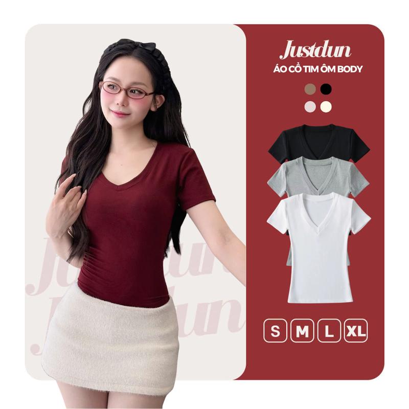 Áo Thun Nữ Basic Cổ Tim Trơn JUSTDUN A2 – Chất Cotton Lông Mịn Cao Cấp, Co Giãn 4 Chiều | BigBuy360 - bigbuy360.vn