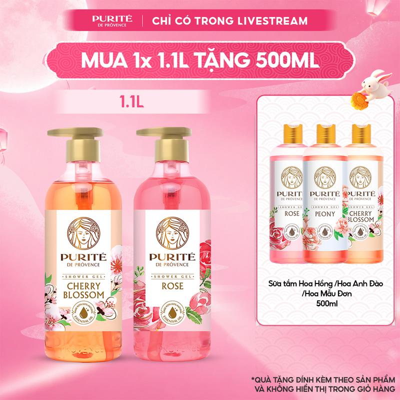 Sữa Tắm Purité 1.1L Hương Hoa Anh Đào/Hương Hoa Hồng Tặng Sữa Tắm Purité 500ml