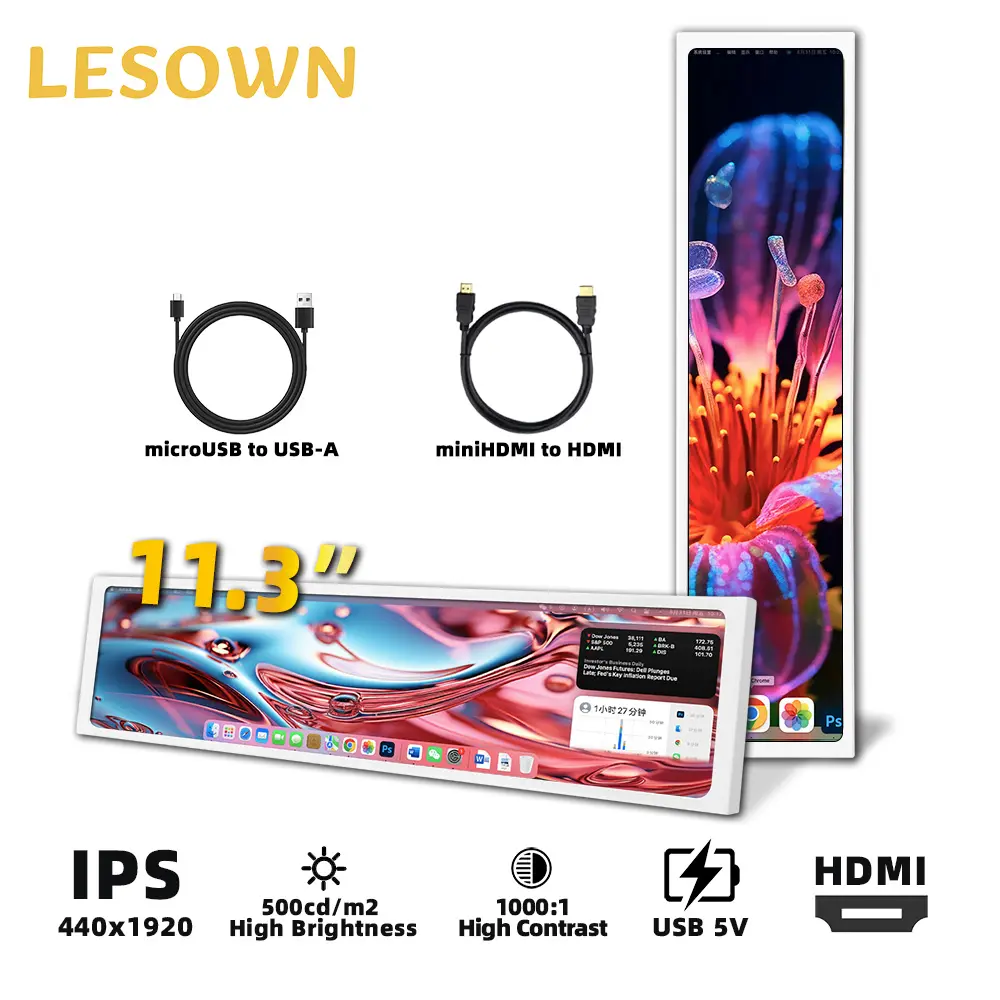 LESOWN 11.3 inch Small Stretched LCD Mini Temp Monitor Wide IPS 440x1920 HDMI Portable Display for Aida64 Monitoring Laptop PC