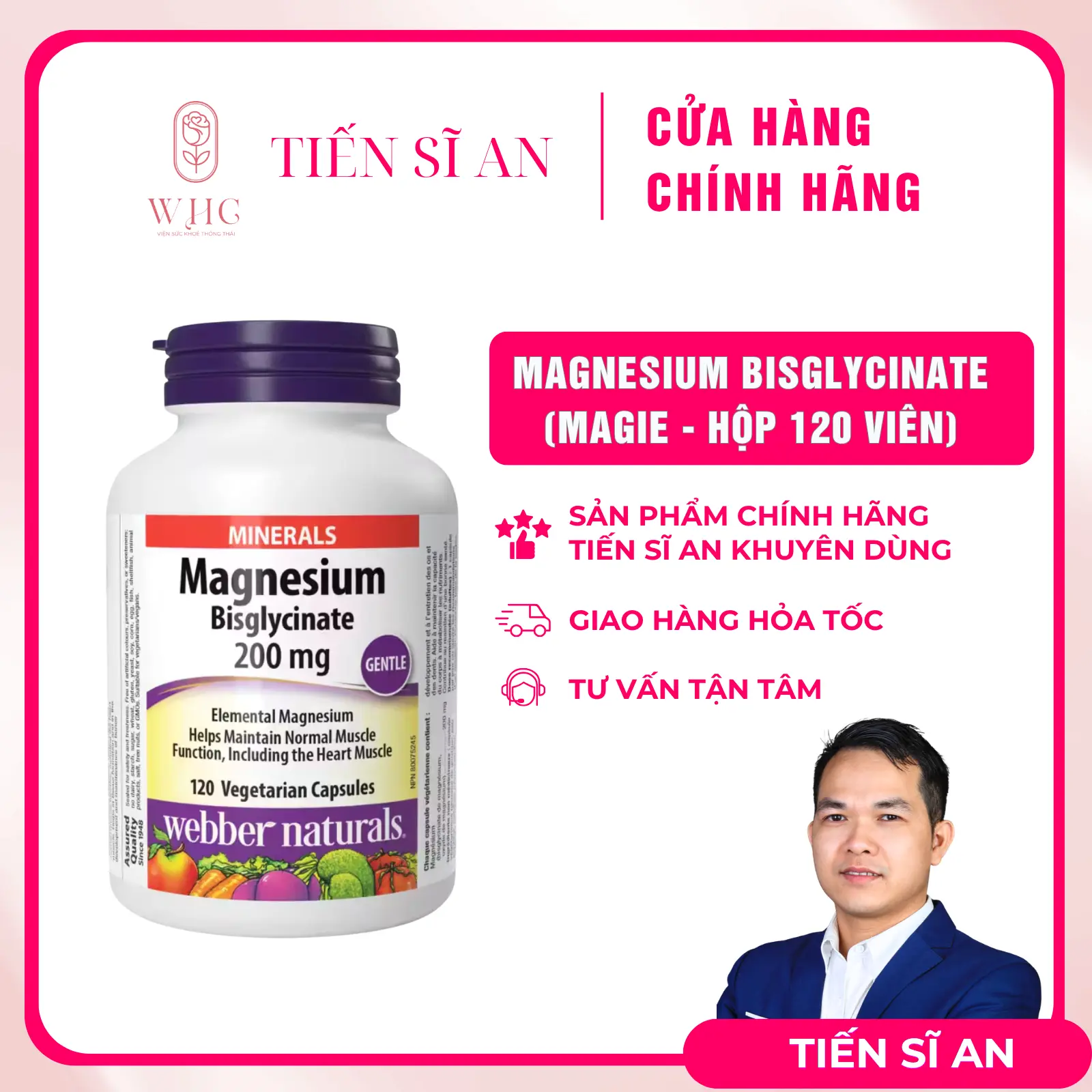 Viên uống Magie Bisglycinate Webber Naturals 200mg - Bổ sung Magie giúp hỗ trợ ngủ ngon, cải thiện tình trạng chuột rút, đau cứng cổ vai gáy, hỗ trợ thư giãn thần kinh & cơ bắp, hộp 120 viên dùng 4 tháng, nhập khẩu chính hãng từ Canada