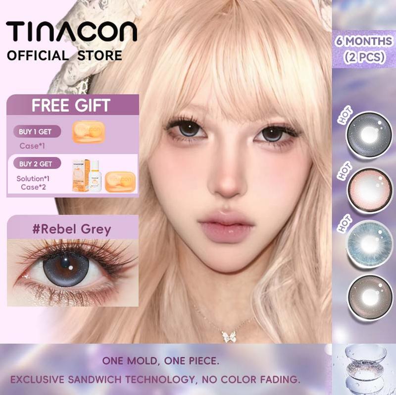  【Rebel Grey TINACON LENS,Kính áp tròng Thời trang mới 2 chiếc 6 tháng Màu đen màu xám mẫu tự nhiên   Mua 1 Cặp - Tặng Kèm Khay Dụng Cụ Đeo   DIA 14,2-14,5 có độ  0-8  