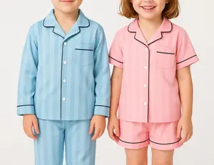 YuKo Kids Premium Pajama Set Tencel Unisex Baju Tidur Anak Lengan Pendek Celana Pendek Motif Garis Halus Kancing Fashion