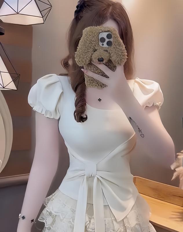 Áo Thun Nữ Cổ Vuông Tay Bồng Phối Vạt Chéo Buộc Nơ Phối Dây Buộc Thắt Eo, Chất Liệu Tăm Lạnh – By BOOM STORE VN áo  phông  cổ  vuông | BigBuy360 - bigbuy360.vn