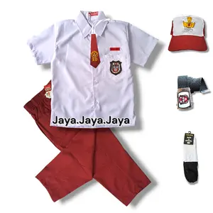 Setelan super lengkap seragam sekolah SD merah putih baju lengan pendek celana merah panjang anak laki laki kelas 1_6 SD