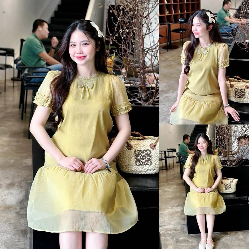  Đầm bầu Rina viền bèo đính nơ form đuôi cá trẻ trung cho Mẹ mang Tết đi làm đi tiệc 