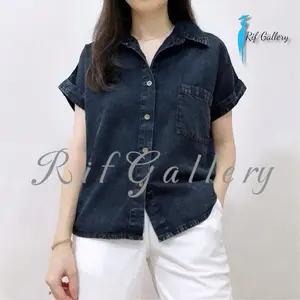 Rif Gallery Kemeja Jeans Wanita Lengan Pendek Korean Style Nyaman Muat BB 45-80kg Crop Atasan Jeans Wash Premium