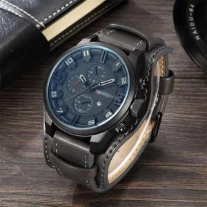Jam Tangan Lelaki Kulit Sport Watch Tali Kulit Besar Gaya Maskulin Chrono Design Analog Quartz Trendy