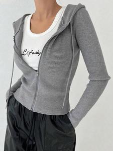 Chaqueta con capucha para mujer de color sólido, casual y entallada, de punto, con mangas largas y cremallera; prenda exterior elegante y cómoda para uso diario, perfecta para otoño e invierno, Patrón Suave, Mangas Largas
