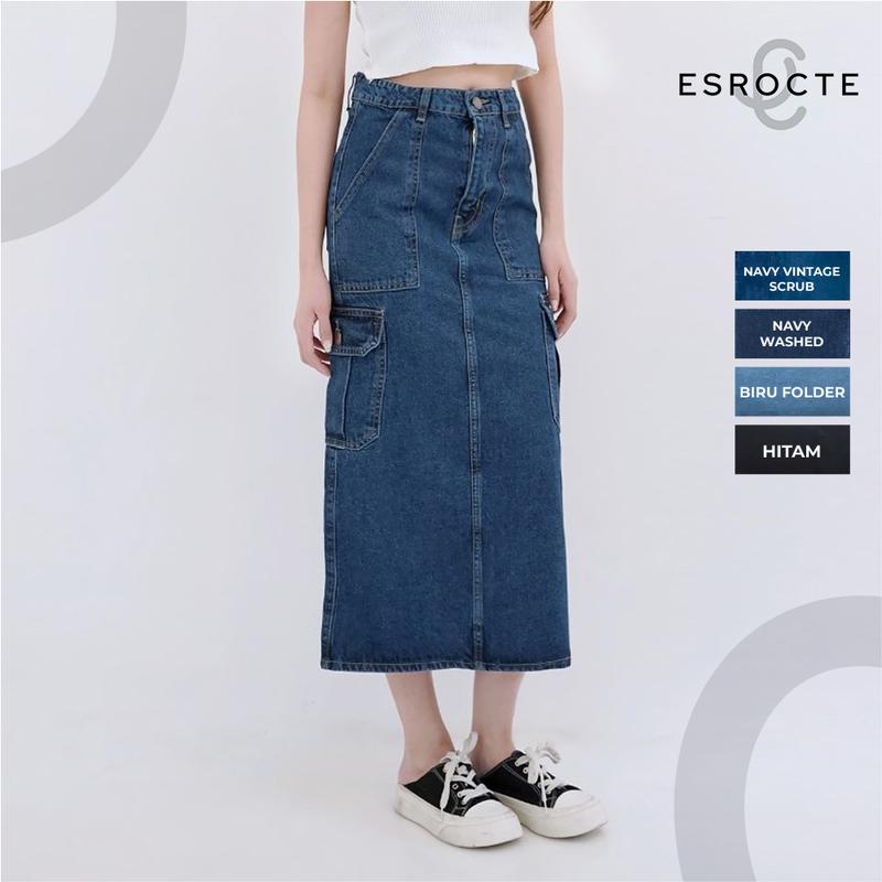 ESROCTE Cargo Rok Denim Casual Skirt Mid Waist Panjang Jeans - Shop ...