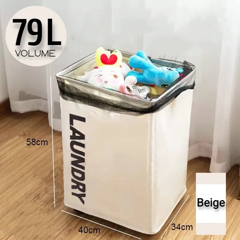 SG Seller Foldable  Pulley Brake Wheel Laundry Basket Cloth Waterproof with Universal Wheel Steel Rod yoga mat storage Organiser
