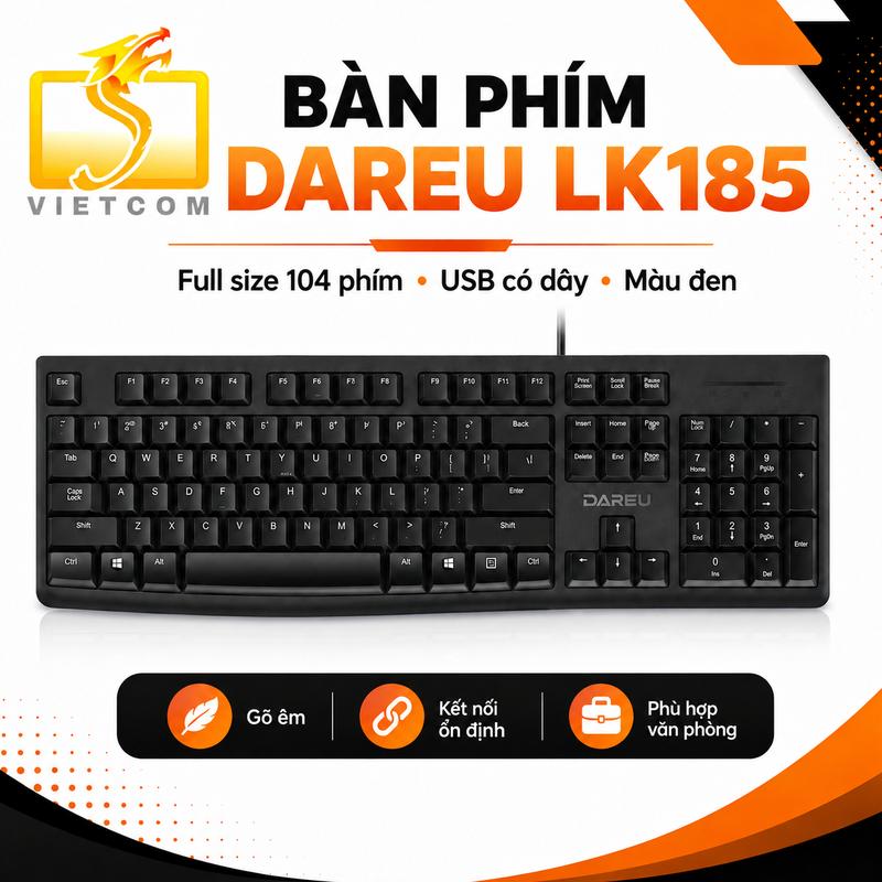 Bàn phím DAREU LK185 USB có dây 104 phím Full Size – Phím mỏng, khắc laser, dùng văn phòng, màu đen