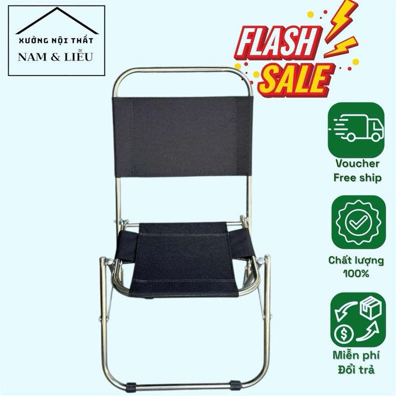 Ghế xếp gấp gọn inox 201 dày vải bố 2 lớp lưng 70cm màu đen